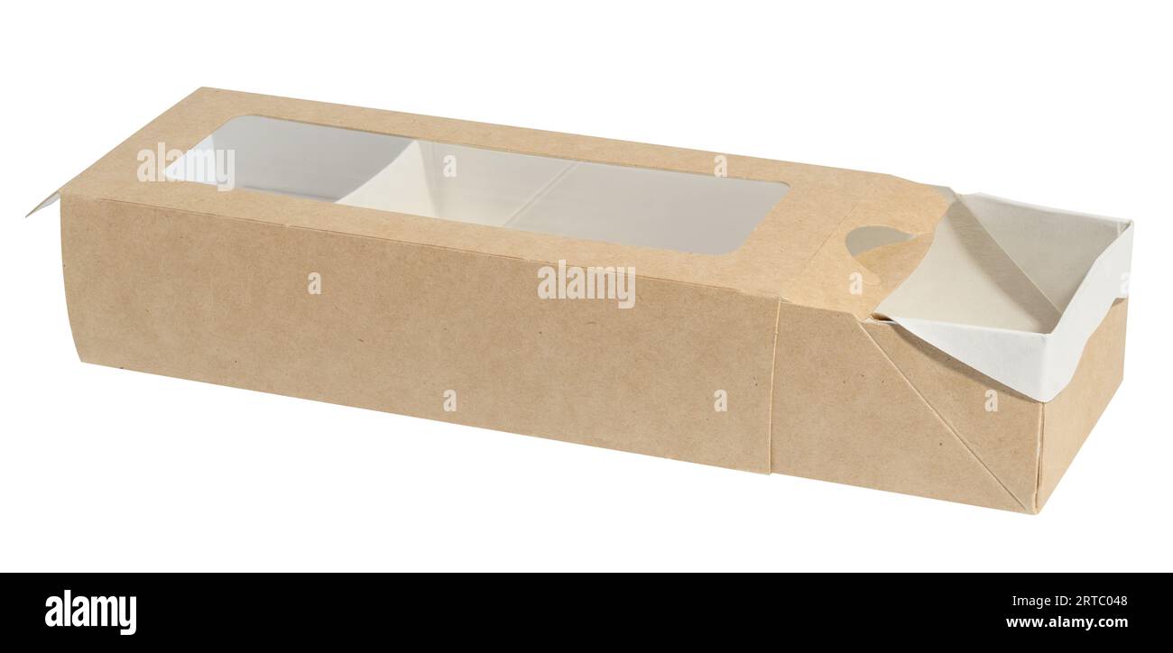 Empty brown rectangular cardboard box with a transparent lid on a white isolated background Stock Photo