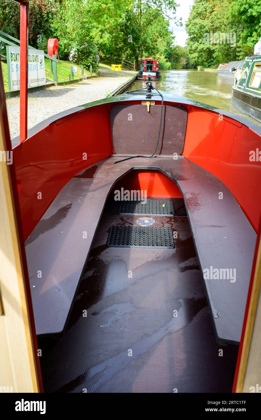The bow seating area of a new, 100% electric day hire boat on the waterways. Stock Photo