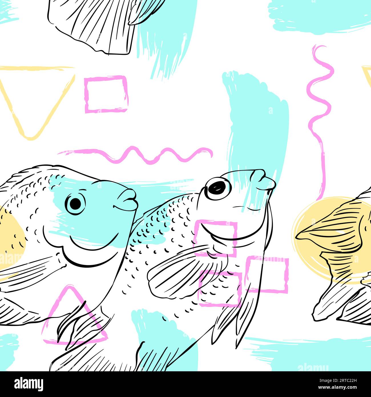 Seamless vector pattern made of couple tropical fish sketched on ...