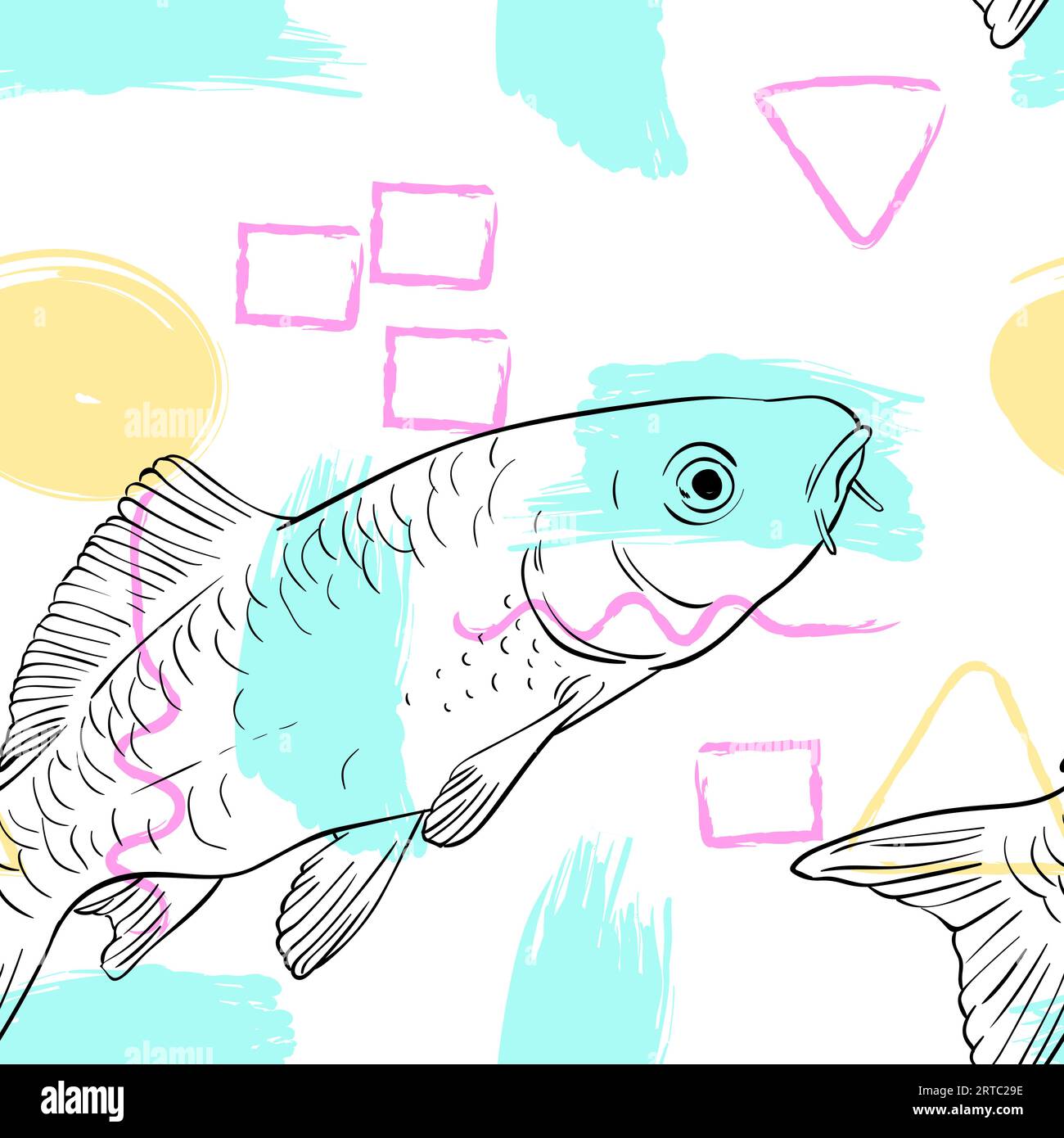 Seamless vector pattern made of carp fish sketched on abstract colorful background, Hand drawn continuous illustration Stock Vector