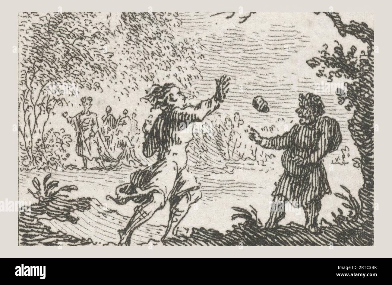 Fable by Aesopus and a Virtue, Illustrations for Fable Tale by Phaedrus (series title), Aesopus holds up his hand to catch the stone a young man throws at him, This illustration was made in the Aesopian fables of the Latin poet Phaedrus, fables. Simon Fokke (1712-1784) was a Dutch designer, etcher, and engraver. Born in Amsterdam, The Netherlands. Discover the enchanting world of Phaedrus' fables, where timeless wisdom meets captivating storytelling. In 'The Fables of Phaedrus,' you'll embark on a journey through the vivid landscapes of ancient Rome Stock Photo