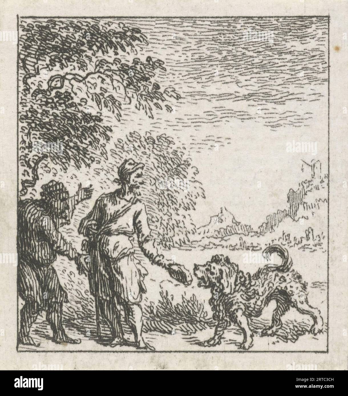 Fable of the Man and the Dog, Illustrations for Fable Tales of Phaedrus (series title), A man feeds a dog, next to him is a second man who keeps his hands up in terror, This illustration was made in the Aesopian fables of the Latin poet Phaedrus, fables. Simon Fokke (1712-1784) was a Dutch designer, etcher, and engraver. Born in Amsterdam, The Netherlands. Discover the enchanting world of Phaedrus' fables, where timeless wisdom meets captivating storytelling. In 'The Fables of Phaedrus,' you'll embark on a journey through the vivid landscapes of ancient Rome Stock Photo