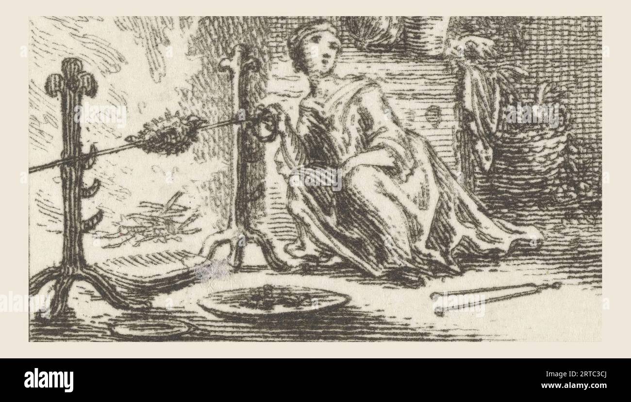 Woman turns the spit Illustrations for fable stories by Phaedrus (series title), In a living room a woman turns the spit, This illustration may have been made for one of the Aesopian fables of the Latin poet Phaedrus. Simon Fokke (1712-1784) was a Dutch designer, etcher, and engraver. Born in Amsterdam, The Netherlands. Discover the enchanting world of Phaedrus' fables, where timeless wisdom meets captivating storytelling. In 'The Fables of Phaedrus,' you'll embark on a journey through the vivid landscapes of ancient Rome, where clever animals and cunning characters engage Stock Photo