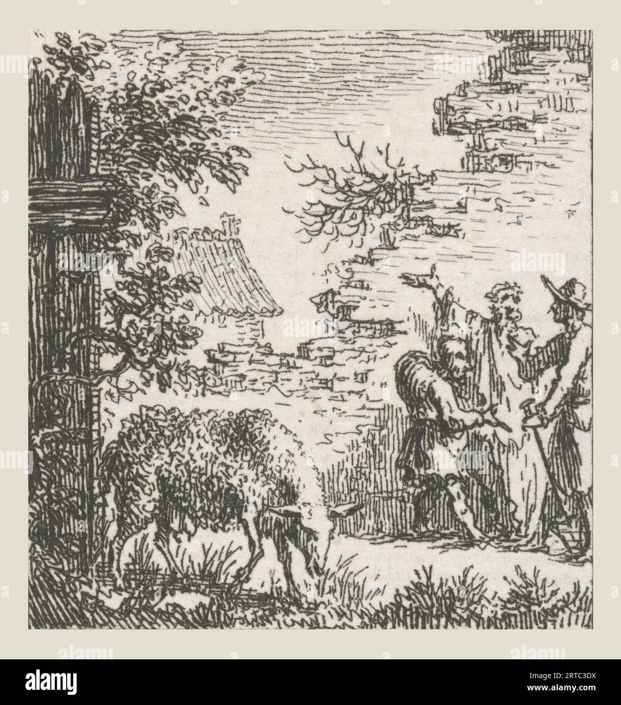 Fable of Aesopus and the Landman, Illustrations for Fable Tales of Phaedrus (series title), Aesopus stands in the middle of two farmers and points a direction with his hand, A sheep is grazing in the foreground, This illustration was made in the Aesopian fables of the Latin poet Phaedrus, fables. Simon Fokke (1712-1784) was a Dutch designer, etcher, and engraver. Born in Amsterdam, The Netherlands. Discover the enchanting world of Phaedrus' fables, where timeless wisdom meets captivating storytelling. In 'The Fables of Phaedrus,' you'll embark on a journey through vivid landscapes Stock Photo