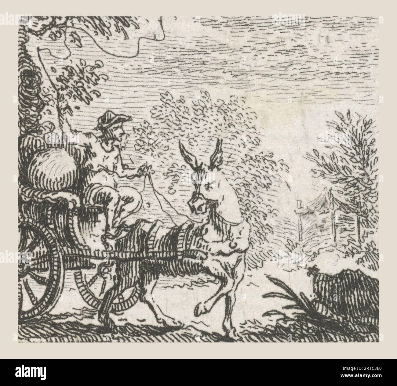 Fable of the fly and the mule, Illustrations for fable stories of Phaedrus (series title), A driver on a cart passes the pre-stressed mule of it with his whip, This illustration was made in the Aesopian fables of the Latin poet Phaedrus, fables. Simon Fokke (1712-1784) was a Dutch designer, etcher, and engraver. Born in Amsterdam, The Netherlands. Discover the enchanting world of Phaedrus' fables, where timeless wisdom meets captivating storytelling. In 'The Fables of Phaedrus,' you'll embark on a journey through the vivid landscapes of ancient Rome Stock Photo