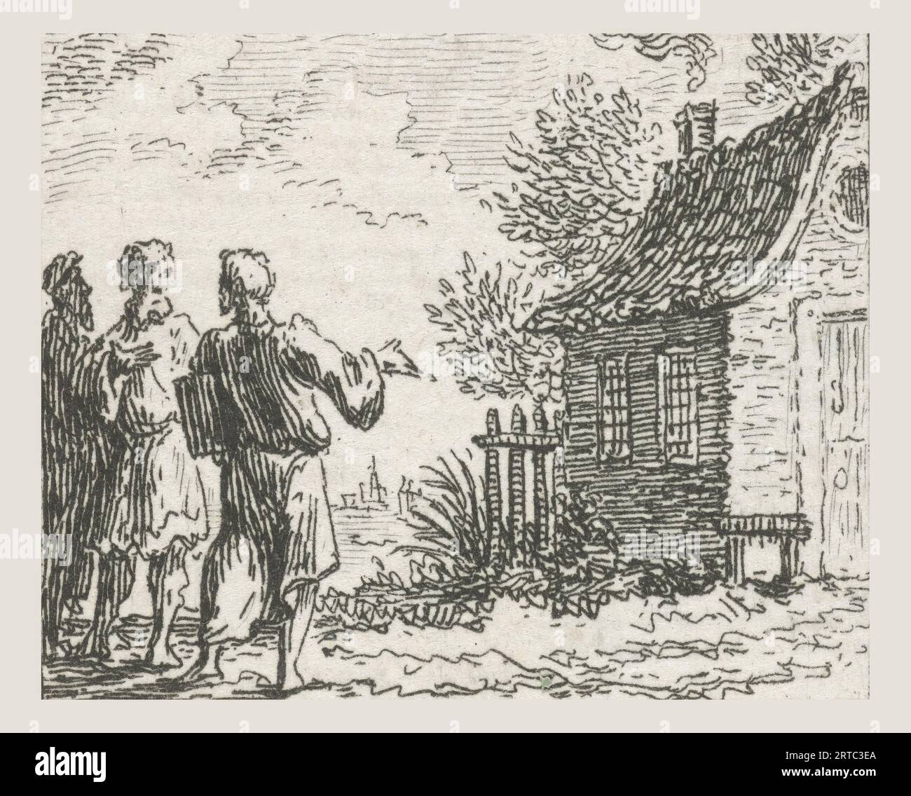 Fable of Socrates about friendship Illustrations for fable stories of Phaedrus (series title), Three men have a conversation in front of a house. This illustration was made in the Aesopian fables of the Latin poet Phaedrus, Fables. Simon Fokke (1712-1784) was a Dutch designer, etcher, and engraver. Born in Amsterdam, The Netherlands. Discover the enchanting world of Phaedrus' fables, where timeless wisdom meets captivating storytelling. In 'The Fables of Phaedrus,' you'll embark on a journey through the vivid landscapes of ancient Rome, where clever animals and cunning characters engage Stock Photo