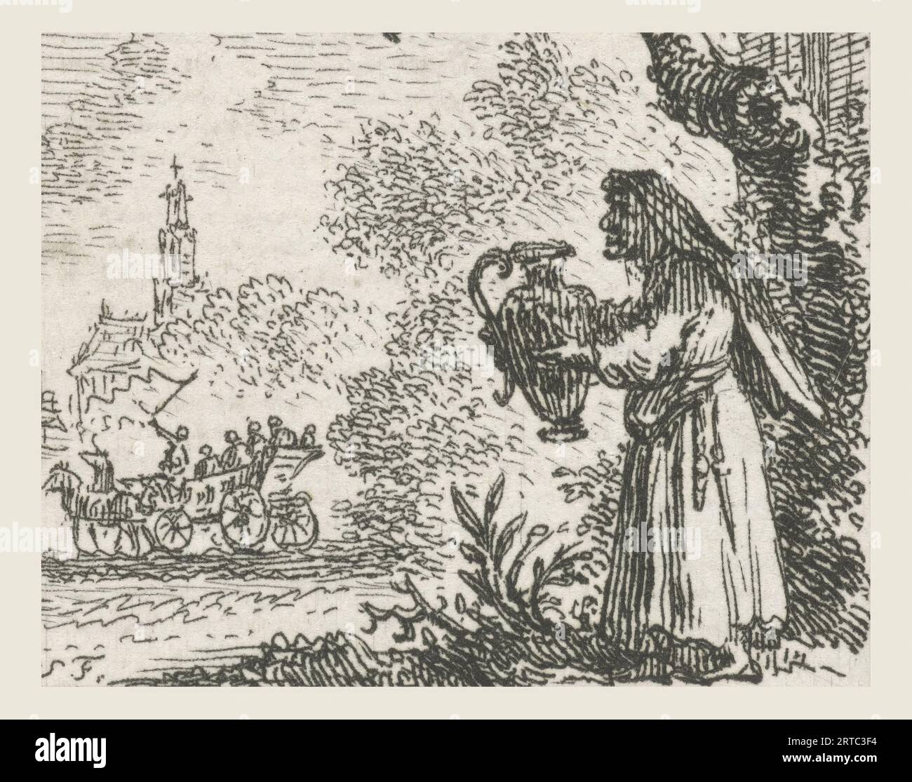 Fable of the old woman and the wine jug Illustrations for fable stories of Phaedrus (series title), An old woman stands under a tree and puts a jug of wine at her mouth. This illustration was made for the Aesopian fables of the Latin poet Phaedrus, Fables. Simon Fokke (1712-1784) was a Dutch designer, etcher, and engraver. Born in Amsterdam, The Netherlands. Discover the enchanting world of Phaedrus' fables, where timeless wisdom meets captivating storytelling. In 'The Fables of Phaedrus,' you'll embark on a journey through the vivid landscapes of ancient Rome Stock Photo