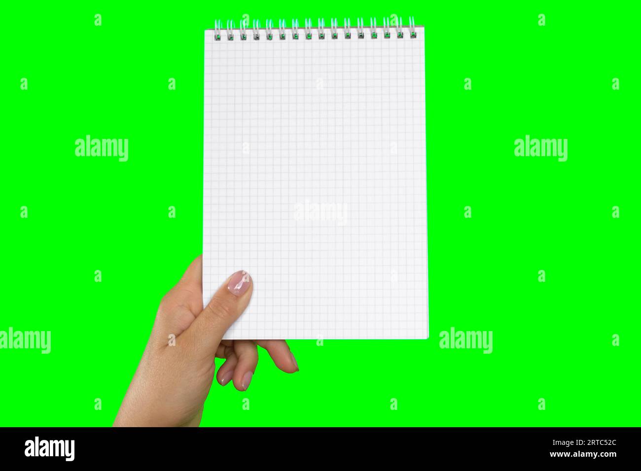 Notepad Paper Screen Female Hand Holding Notepad with blank Page Isolated On Green ...