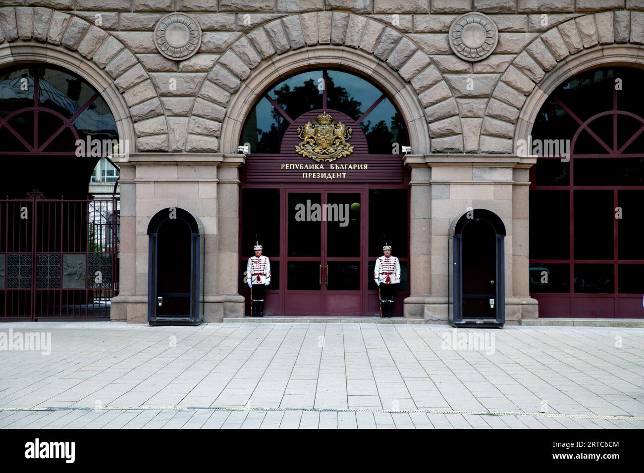 SOFIA, BULGARIA -  Honor guards stand in front of the door to President's Office in september, 2023 in Sofia, Bulgaria Stock Photo