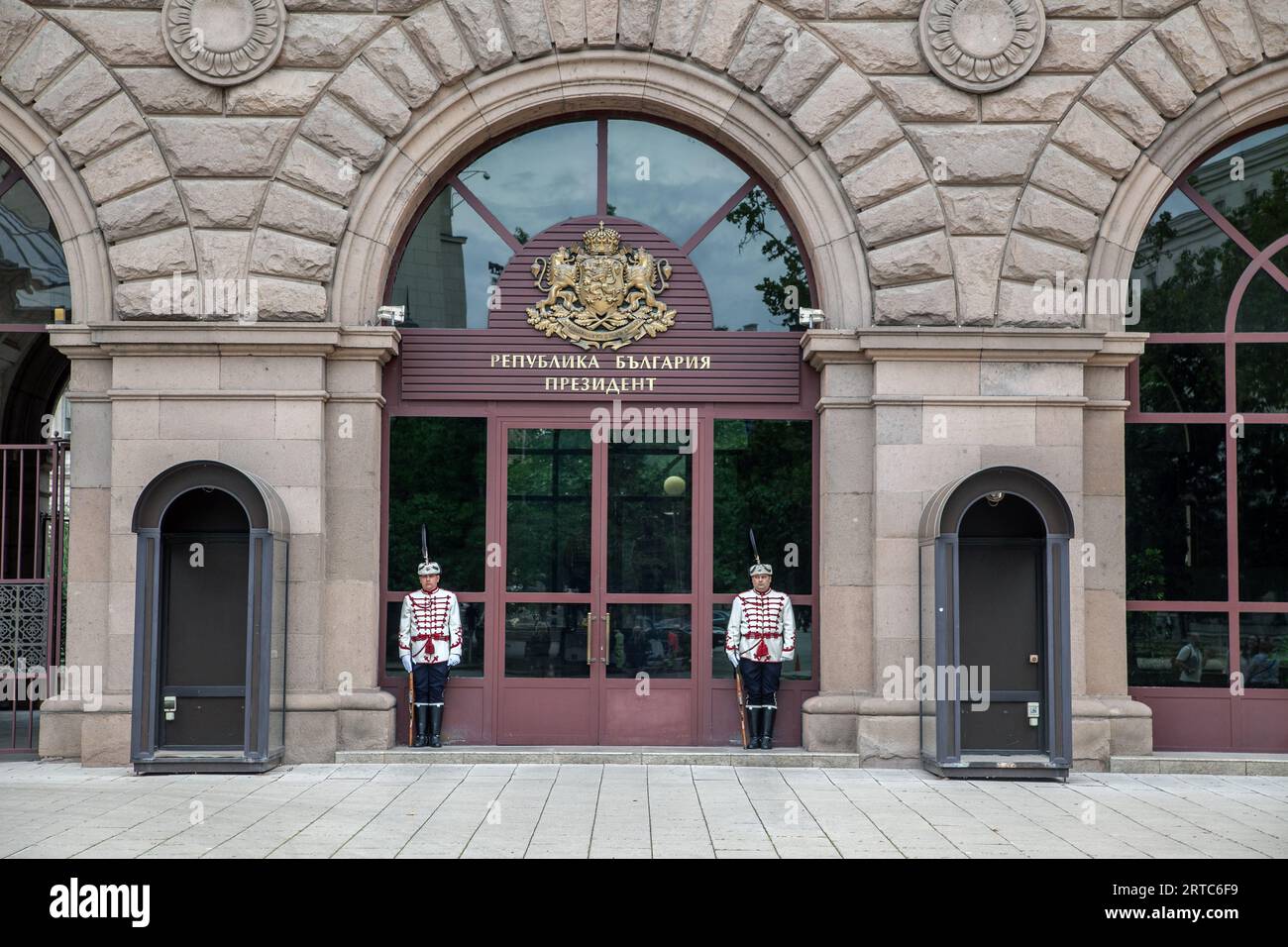 SOFIA, BULGARIA -  Honor guards stand in front of the door to President's Office in september, 2023 in Sofia, Bulgaria Stock Photo