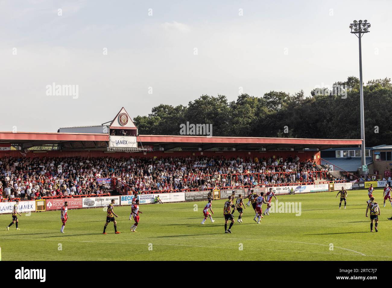 General view of the Lamex Stadium, home of Stevenage Football Club with fans and spectators during match. Stock Photo
