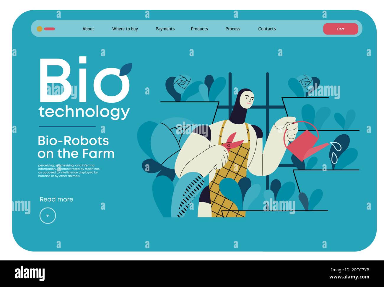 Bio Technology, Robot on farm -modern flat vector concept illustration of bio-robot engaged in agricultural activities. Metaphor of robotics and biote Stock Vector