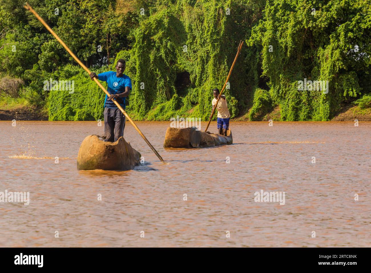 OMORATE, ETHIOPIA - FEBRUARY 5, 2020: Dugout canoes at the river Omo near Omorate village, Ethiopia Stock Photo