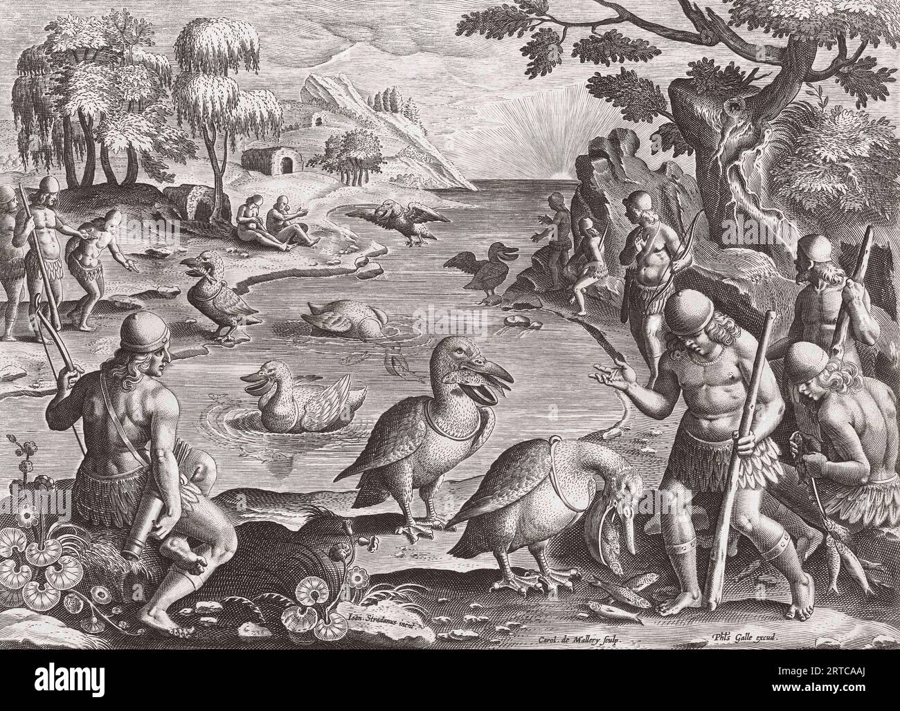 Idyllic scene of pelicans catching fish and bringing them to Indians on the shore.  After a 17th century engraving by Karel van Mallery, after a work by Jan van der Straet.  A plate in the Venationes Ferarum, Avium, Piscium series originally published circa 1595. Stock Photo