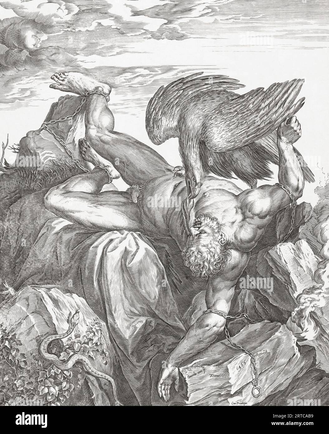 The punishment of Prometheus for stealing fire from the Olympian gods and giving it to humans.  He was bound to a rock and an eagle - the symbol of Zeus - would eat his liver each day and each day it would grow back.  After aprint by Cornelis Cort. Stock Photo