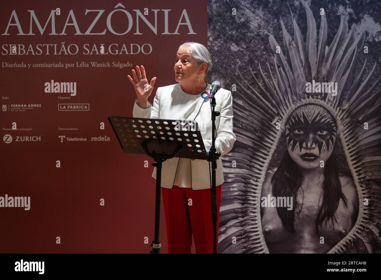 Madrid, Spain. 12th Sep, 2023. Lelia Wanick Salgado during the inauguration of the exhibition AMAZONIA in Fernan Gomez Centro Cultural de la Villa of Madrid. Sebastiao Salgado undertook a photographic and human journey for seven years that led him to discover the most remote areas of the Amazon jungle and its inhabitants, showing more than 200 black and white photographs in the exhibition. Credit: Marcos del Mazo/Alamy Live News Stock Photo