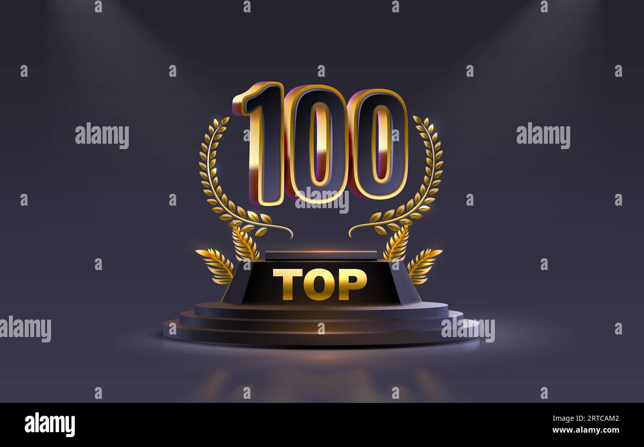 Top 100 best podium award sign, golden object. Vector Stock Vector