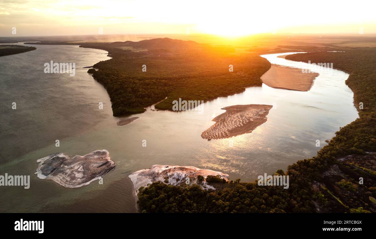 Aerial 'Rio Tomo meets the Orinoco', sunset, river mouth, Rio Tomo, Rio Orinoco, Vichada, Colombia Stock Photo