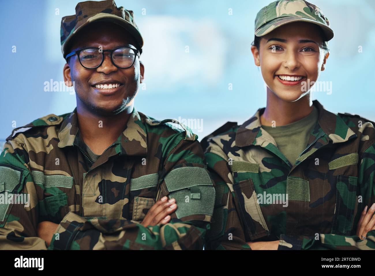 Teamwork, security and arms crossed with portrait of soldier for ...