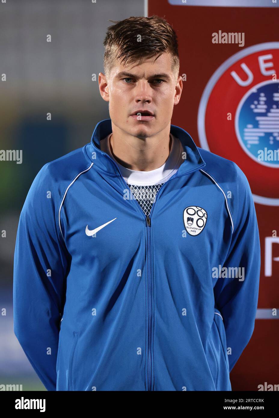 Serravalle, Italy, 10th September 2023. Jaka Bijol of Slovenia looks on during the line up prior to the UEFA EURO 2024 match at San Marino Stadium, Serravalle. Picture credit should read: Jonathan Moscrop / Sportimage Stock Photo