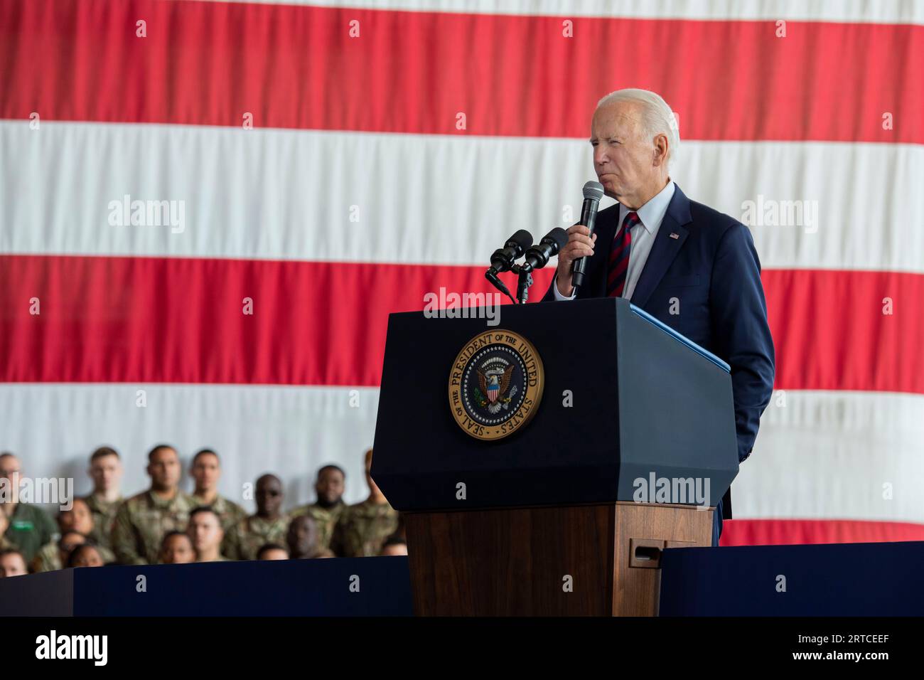 Anchorage, United States Of America. 11th Sep, 2023. Anchorage, United States of America. 11 September, 2023. U.S. President Joe Biden delivers remarks commemorating the 22nd anniversary of the terrorist attacks of 9/11 during a remembrance ceremony at Joint Base Elmendorf-Richardson, September 11, 2023 in Anchorage, Alaska. Credit: Sheila deVera/U.S. Air Force Photo/Alamy Live News Stock Photo