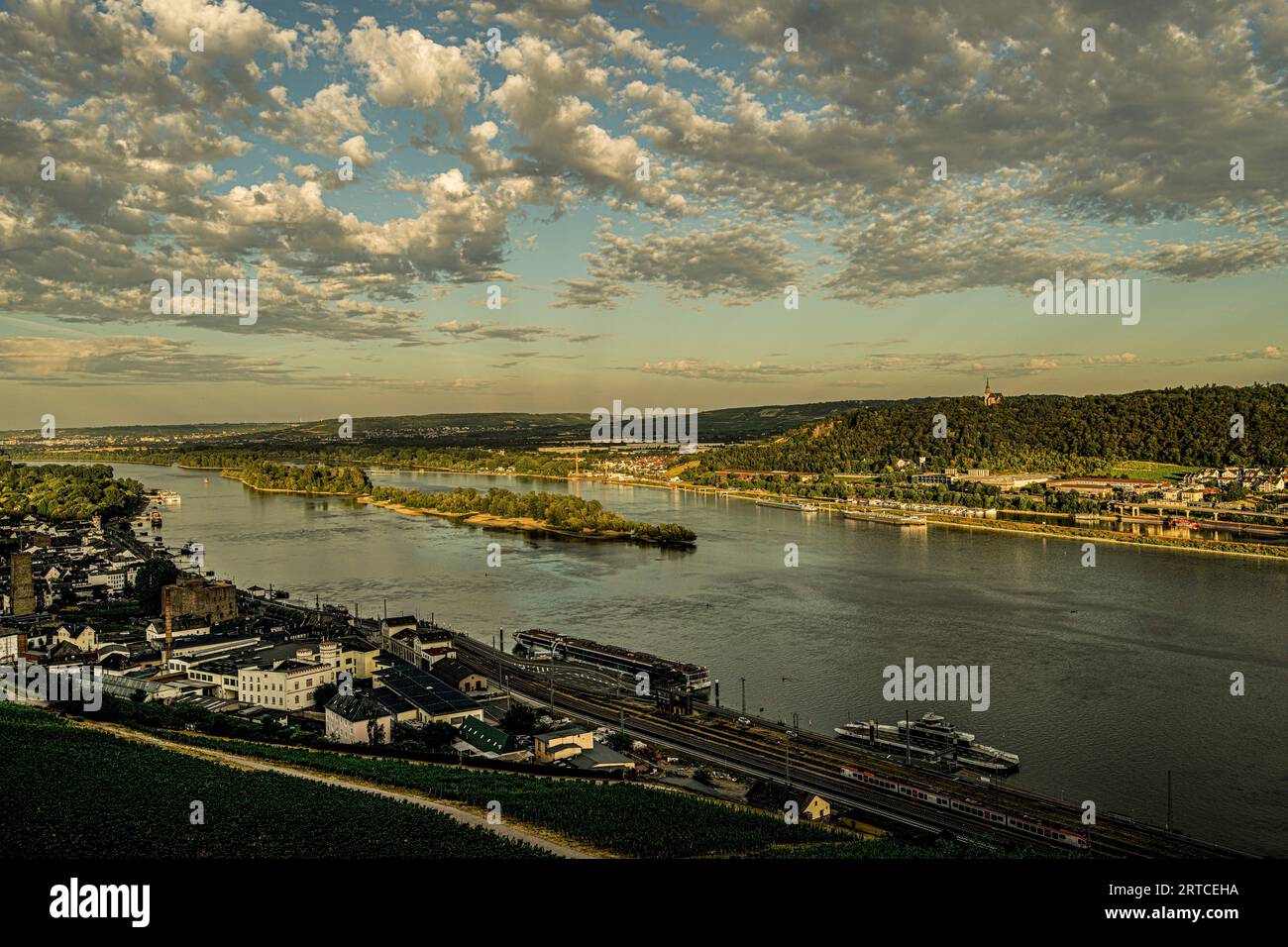 Rüdesheim, the Rüdesheimer Aue and the Rochuskapelle on the Rochusberg in the evening light, Upper Middle Rhine Valley World Heritage Site, Hesse and Stock Photo