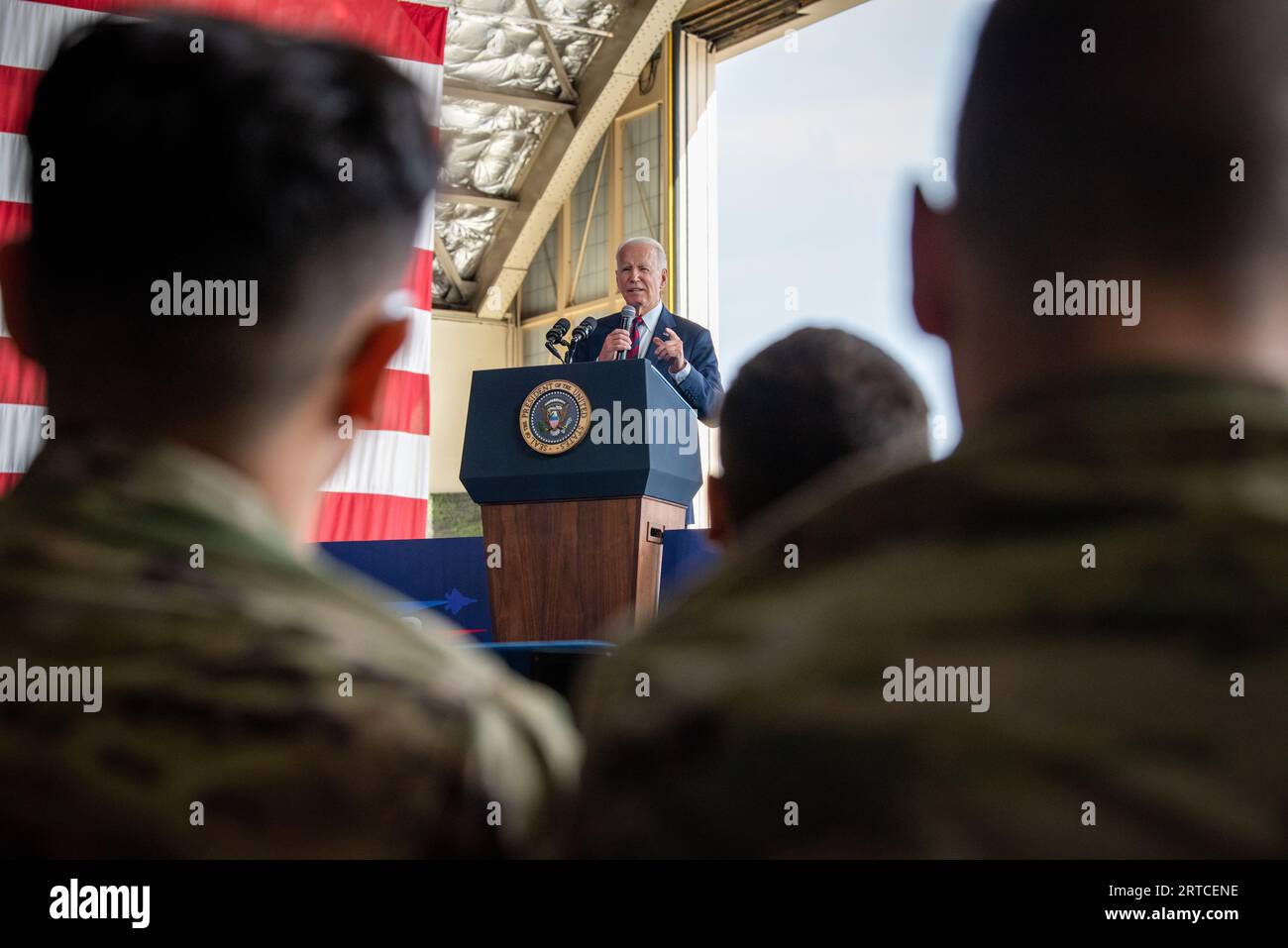Anchorage, United States Of America. 11th Sep, 2023. Anchorage, United States of America. 11 September, 2023. U.S. President Joe Biden delivers remarks commemorating the 22nd anniversary of the terrorist attacks of 9/11 during a remembrance ceremony at Joint Base Elmendorf-Richardson, September 11, 2023 in Anchorage, Alaska. Credit: A1C Moises Vasquez/U.S. Air Force Photo/Alamy Live News Stock Photo