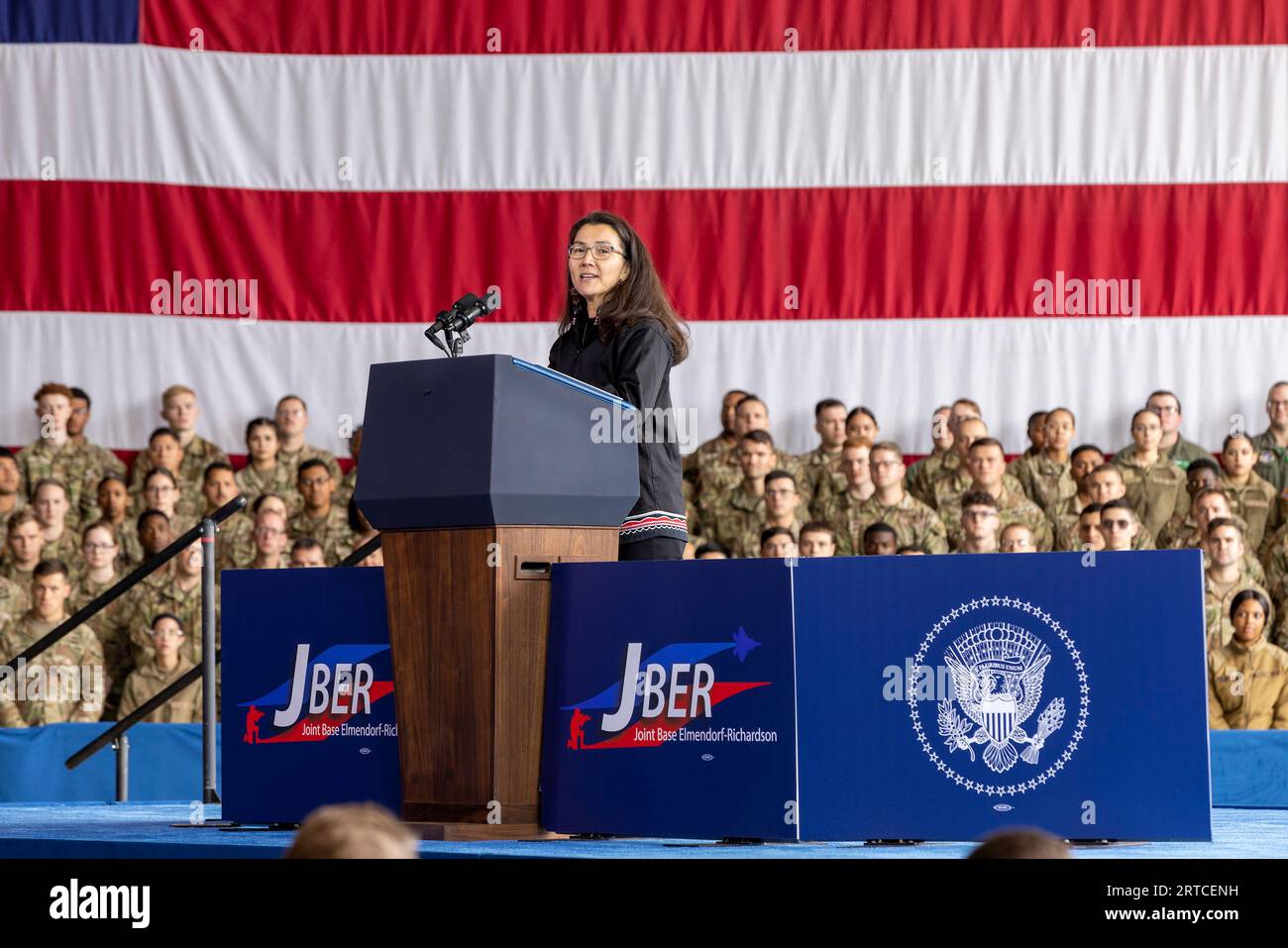 Anchorage, United States Of America. 11th Sep, 2023. Anchorage, United States of America. 11 September, 2023. U.S. Rep. Mary Peltola, D-AK, delivers remarks during a commemoration on the 22nd anniversary of the terrorist attacks of 9/11 during a remembrance ceremony at Joint Base Elmendorf-Richardson, September 11, 2023 in Anchorage, Alaska. Credit: SFC Ian Morales/U.S. Army/Alamy Live News Stock Photo