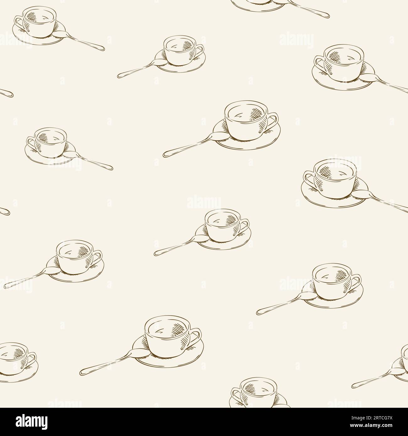 Seamless vector pattern with hand drawn coffee cups with teaspoons ...