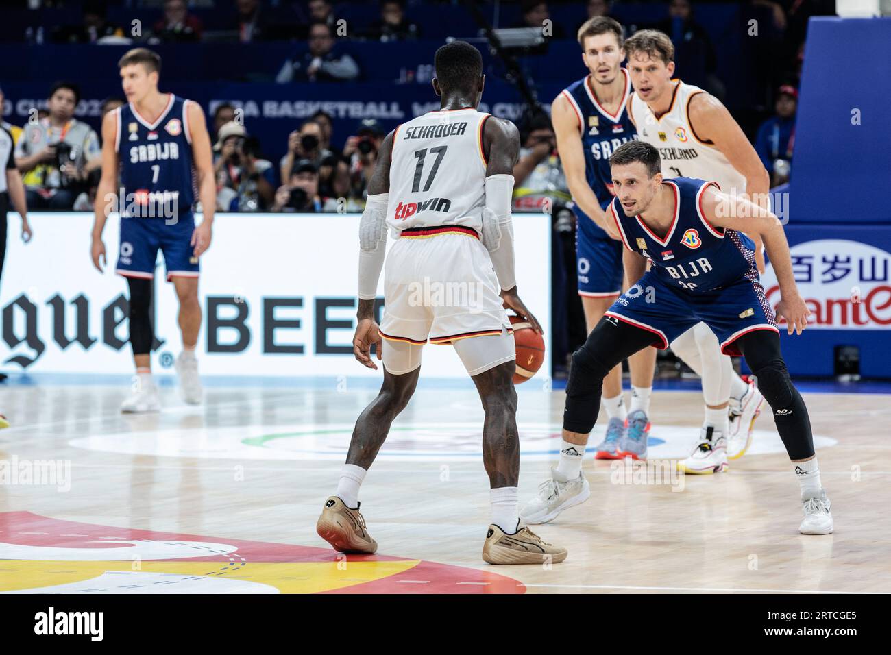 Dennis Schroder of Germany seen in action during the finals of the FIBA Basketball World Cup 2023 between Serbia and Germany at the Mall of Asia Arena-Manila. Final score: Germany 83:77 Serbia. Stock Photo
