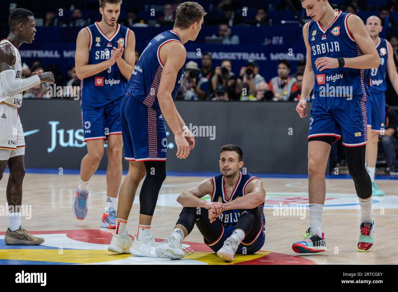 Aleksa Avramovic of Serbia seen in action during the finals of the FIBA Basketball World Cup 2023 between Serbia and Germany at the Mall of Asia Arena-Manila. Final score: Germany 83:77 Serbia. Stock Photo