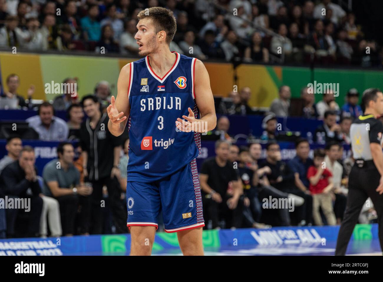 Filip Petrusev of Serbia seen in action during the finals of the FIBA Basketball World Cup 2023 between Serbia and Germany at the Mall of Asia Arena-Manila. Final score: Germany 83:77 Serbia. Stock Photo