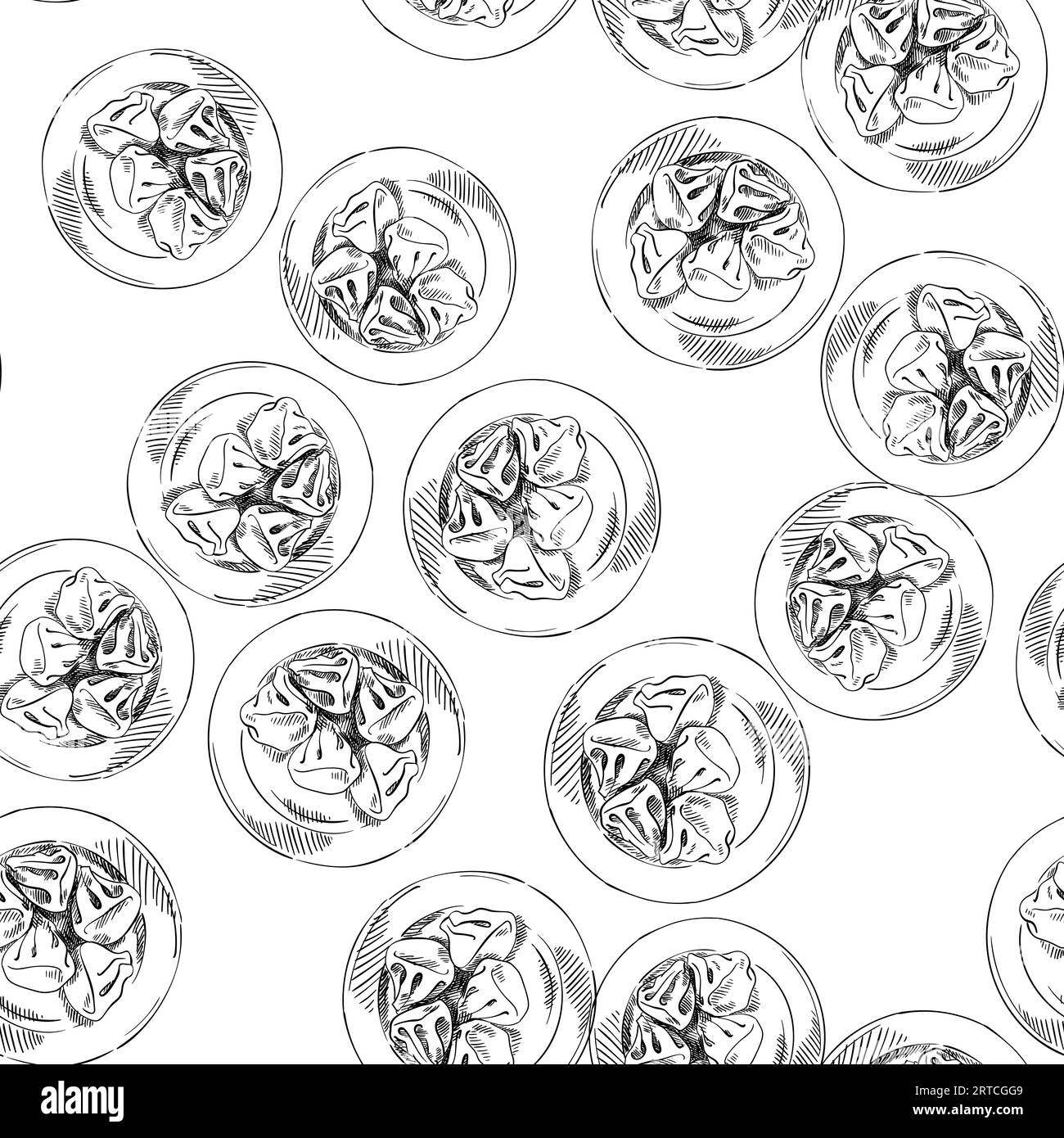 Seamless vector pattern with hand drawn Khinkali georgian dumplings on plate, Black sketch on white background Stock Vector