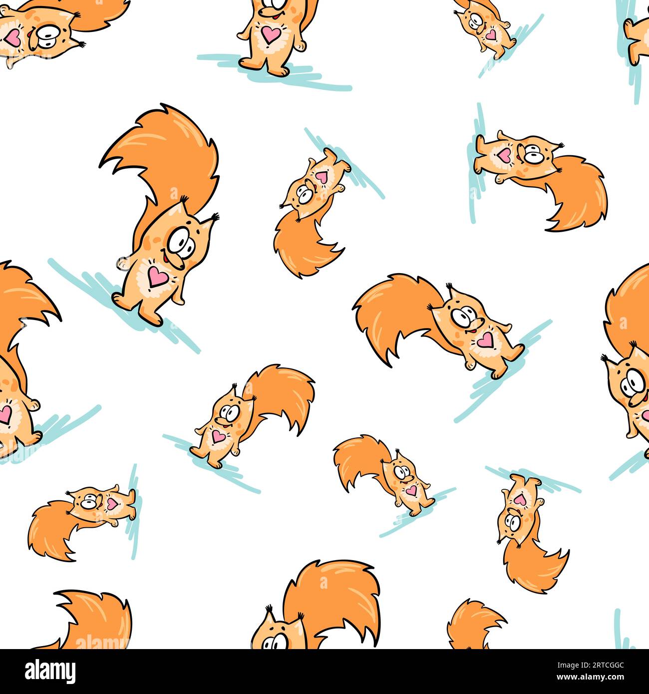 Seamless vector pattern with doodle red fox with heart and fluffy tail on white background Stock Vector