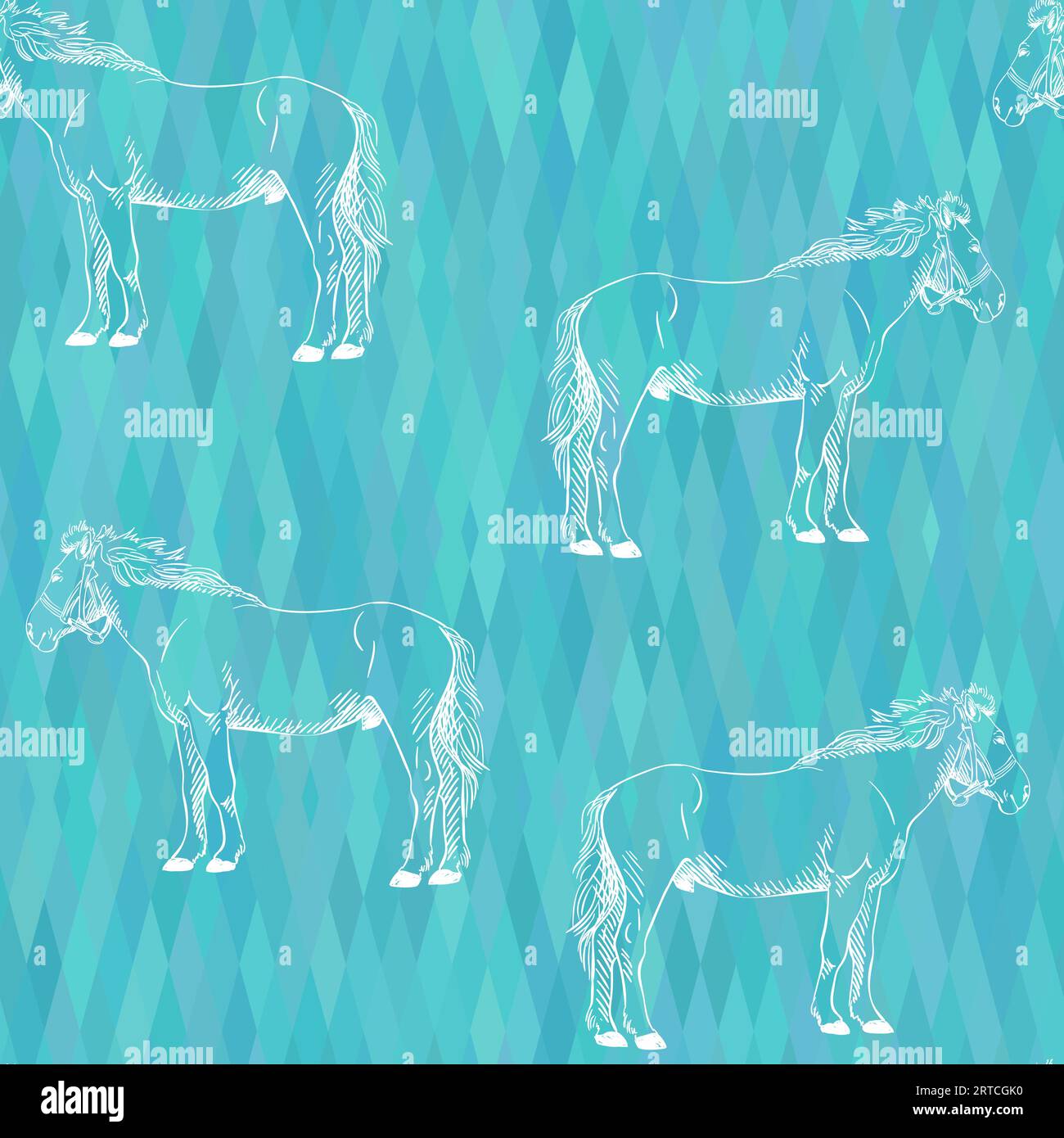 Seamless vector pattern with hand drawn horse on geometric hipster stile blue background Stock Vector