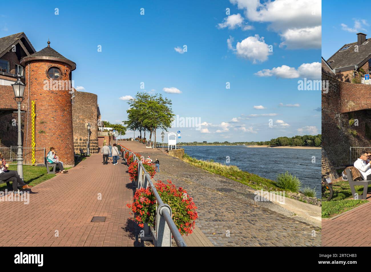 Rhine promenade with Rhine level in Rees, Lower Rhine, North Rhine-Westphalia, Germany, Europe Stock Photo