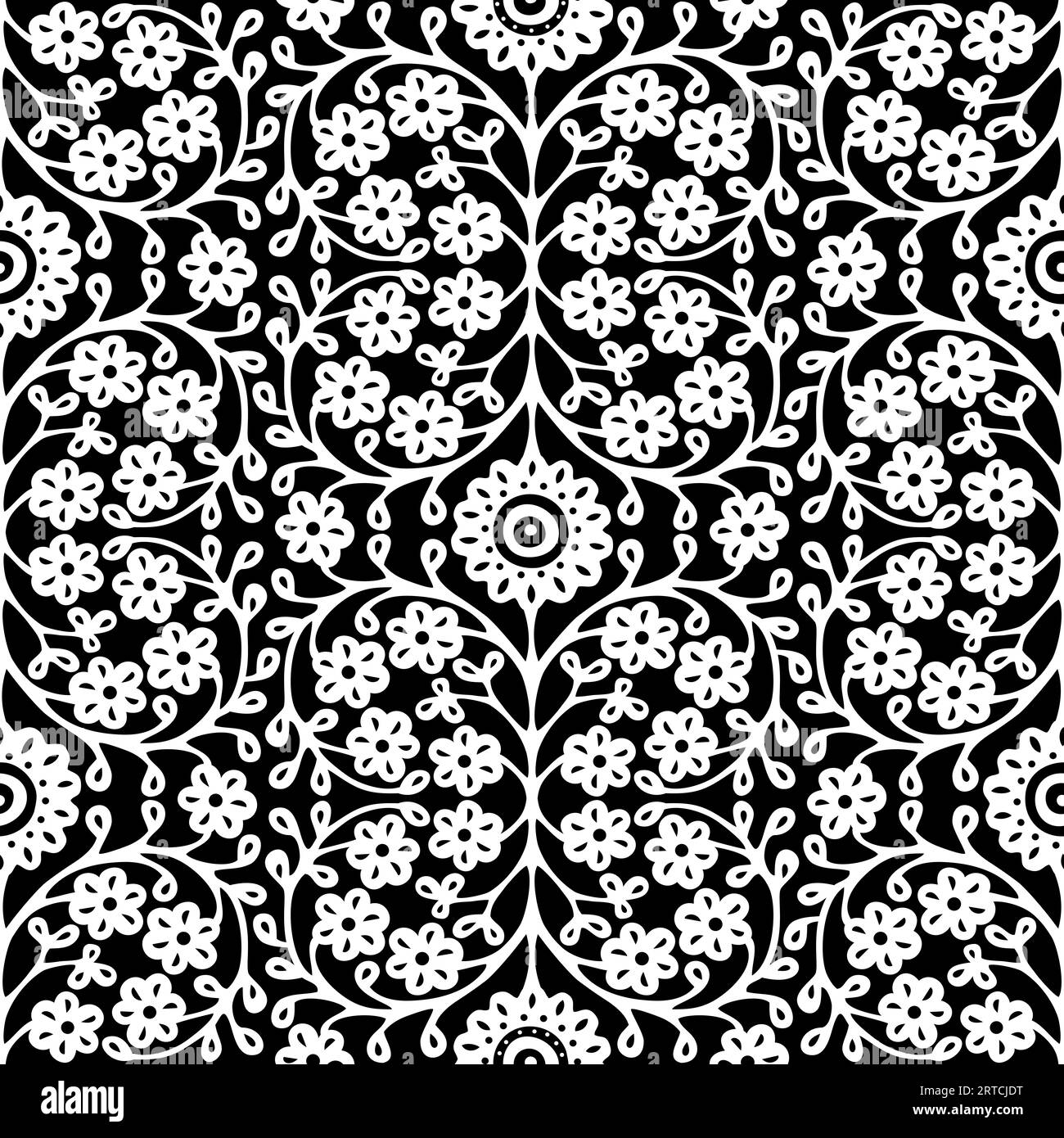 Seamless pattern with Indian ethnic flowers in black and white Stock Photo