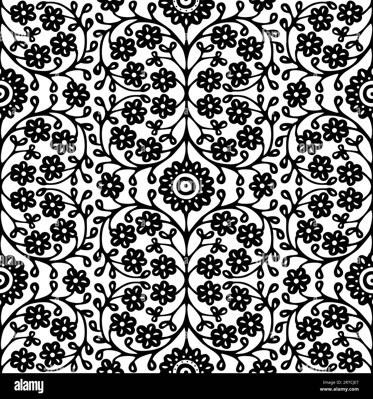 Seamless pattern with Indian ethnic flowers in black and white Stock Photo