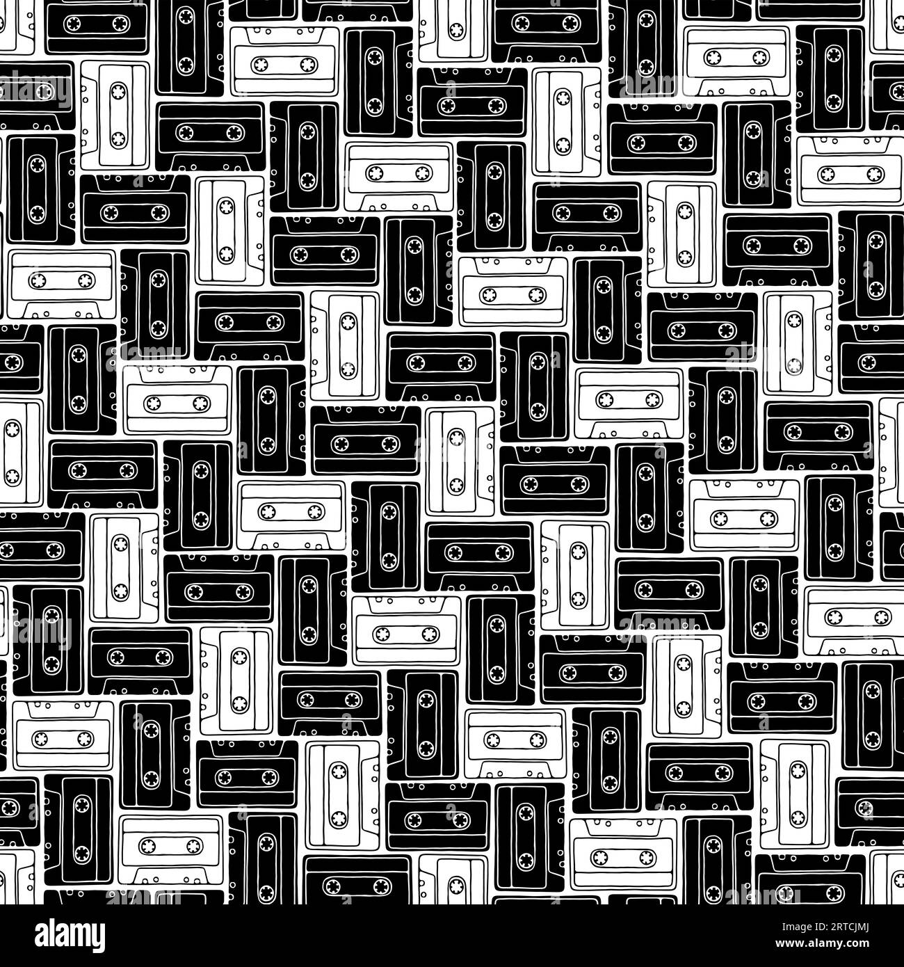 Seamless pattern with vintage cassette tapes in black and white Stock Photo