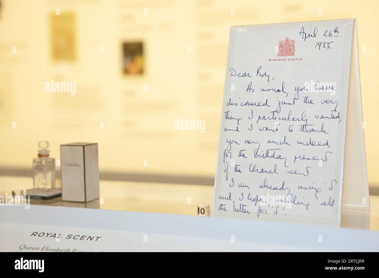 EMBARGO until 1 minute past MIDNIGHT 12 SEPT London, UK. 12th Sep, 2023. A new exhibition, 'Gabrielle Chanel: Fashion Manifesto' opens at V&A, highlighting her connections to British clients and manufacturing. Queen Elizabeth II wrote this note thanking a family friend, Frederick 'Boy' Browning, husband of novelist Daphne du Maurier, for a bottle of Chanel No 5 he gave her for her birthday in 1955. Credit: Anna Watson/Alamy Live News Stock Photo