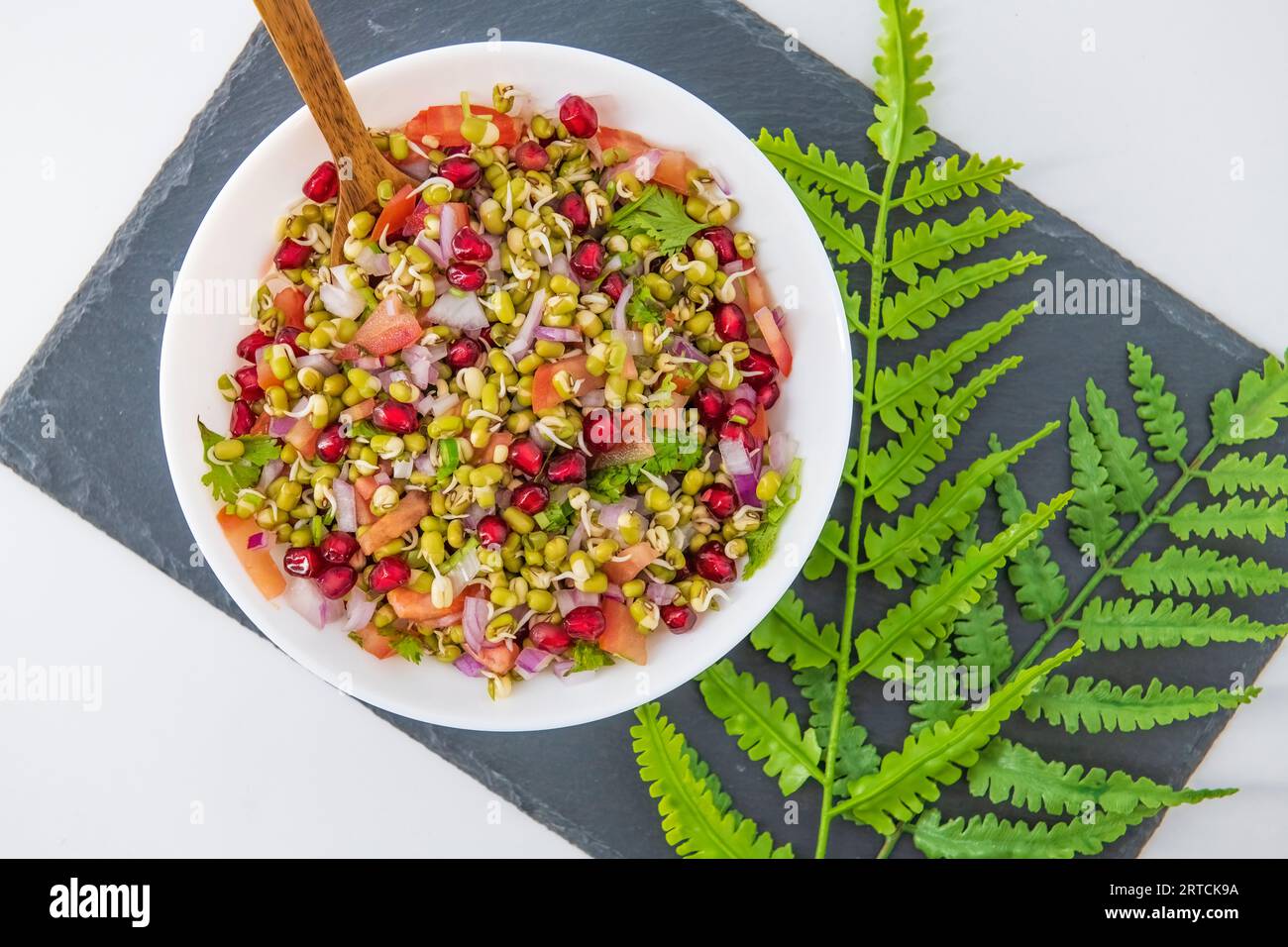 Sprouting green gram bean Indian salad with Onion, coriander leaf