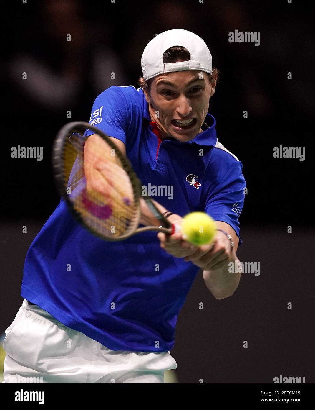 France's Ugo Humbert in action against Switzerland's Stan Wawrinka (not pictured) during the Davis Cup group stage match at the AO Arena, Manchester. Picture date: Tuesday September 12, 2023. Stock Photo