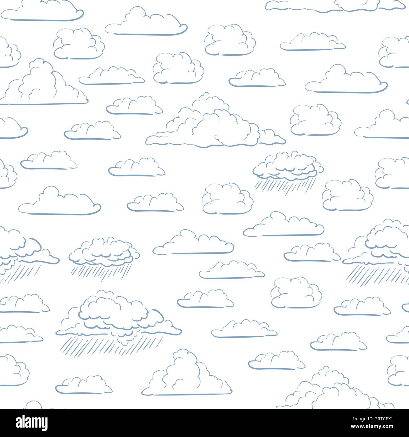 Seamless vector pattern with hand drawn simple clouds blue line art on white background, Sky theme Stock Vector