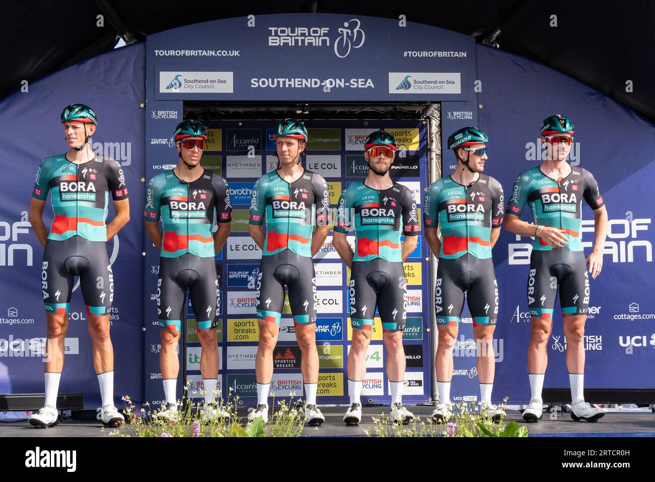 Riders of team Bora–Hansgrohe at the Tour of Britain cycle race Stage 6 ...