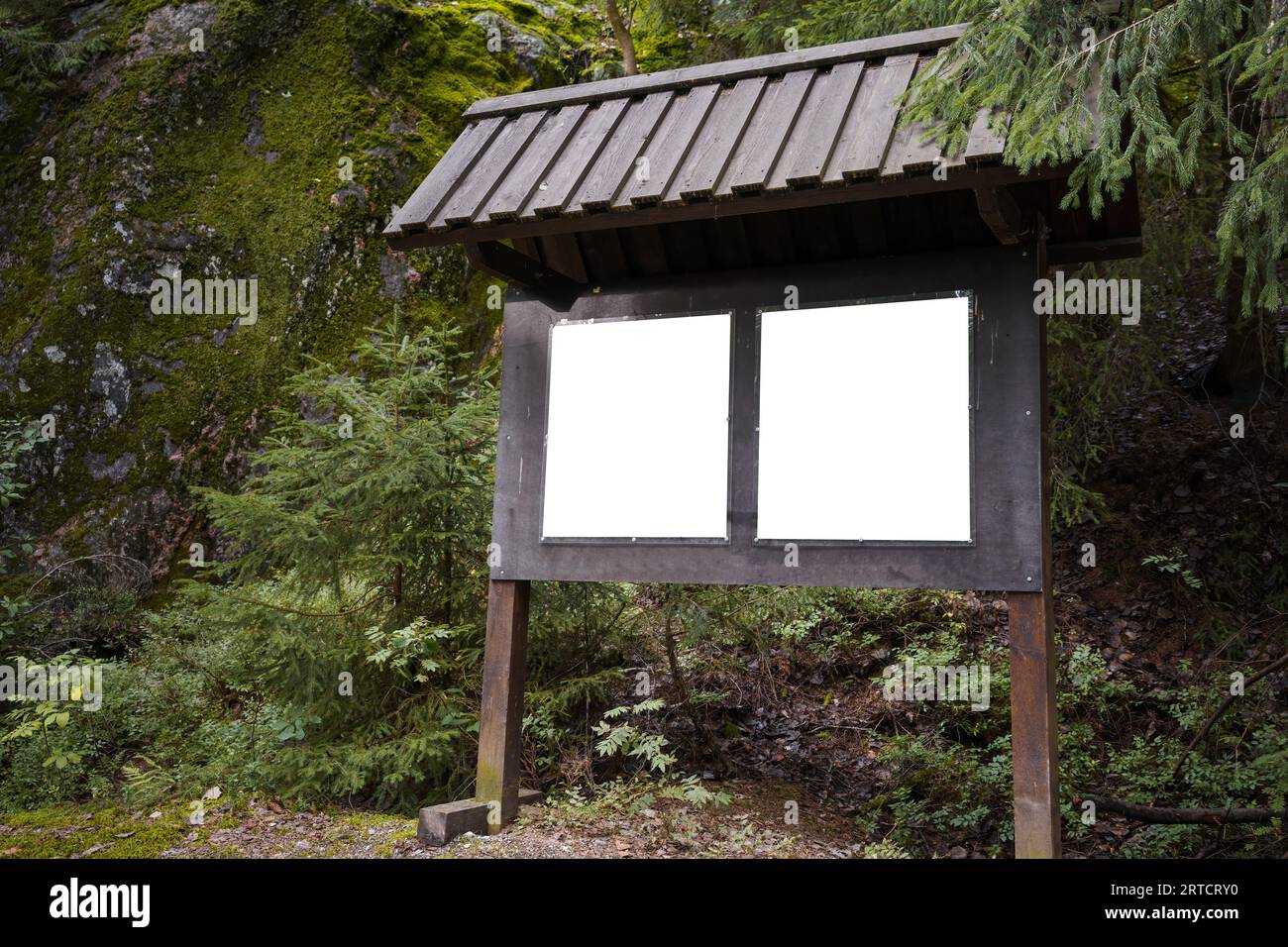 Old wooden billboard with two blank white posters in the woods Stock ...