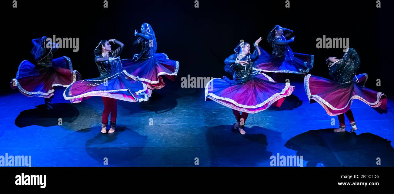 Lok Chhanda Indian dancers perform swirling dance at Edinburgh Festival Fringe, Scotland, UK Stock Photo