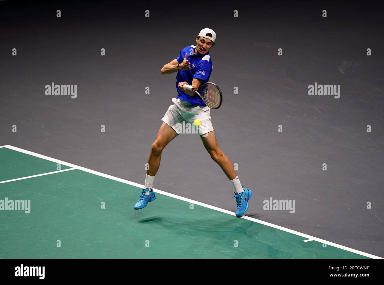 France's Ugo Humbert in action against Switzerland's Stan Wawrinka (not pictured) during the Davis Cup group stage match at the AO Arena, Manchester. Picture date: Tuesday September 12, 2023. Stock Photo