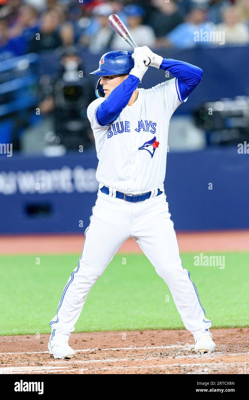 TORONTO, ON - SEPTEMBER 11: Toronto Blue Jays Outfield Daulton Varsho (25)  bats during the MLB baseball regular season game between the Texas Rangers  and the Toronto Blue Jays on September 11