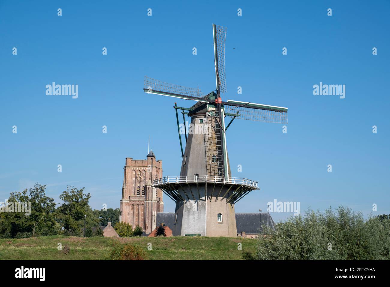 Colorful panoramic view of the Dutch fortress town Woudrichem in the province of Noord-Brabant on a sunny day in the fall season. Stock Photo