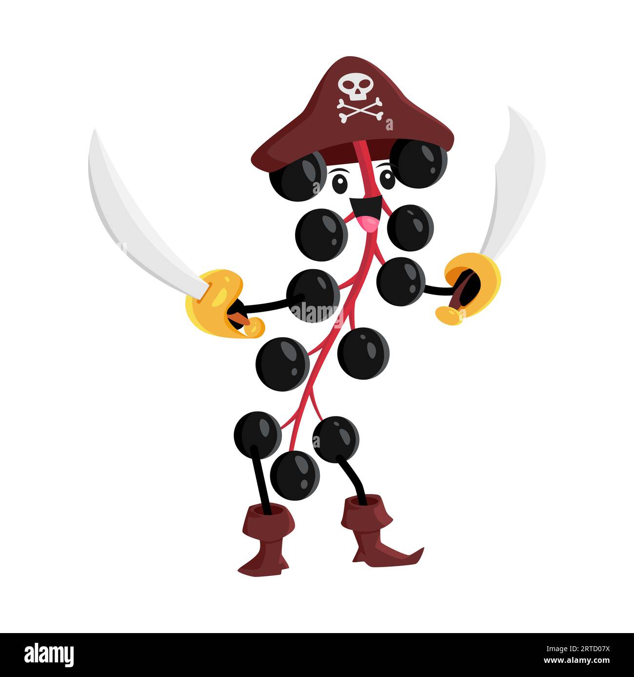 Cartoon black bird cherry pirate with sabers. Isolated vector berry captain, happy corsair attack with sabres. Smiling buccaneer character, freebooter Stock Vector